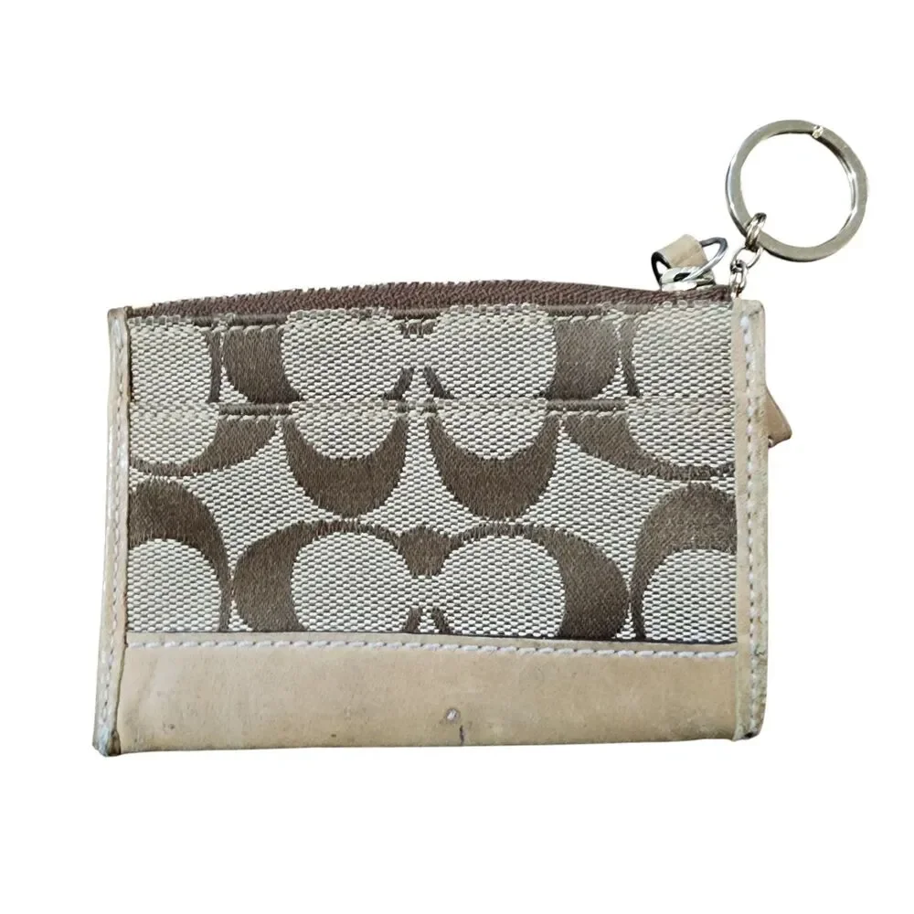 Coach Signature Canvas Coin‎ Purse Wallet Zip Pouch Key Ring Tan Brown